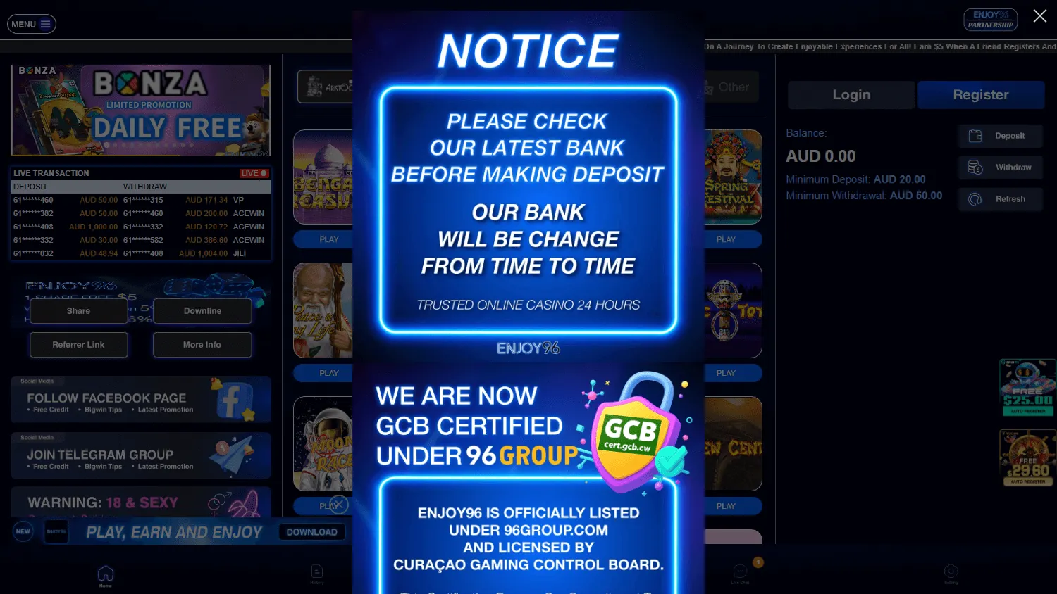Enjoy96 Casino desktop games area with pokies and casino titles