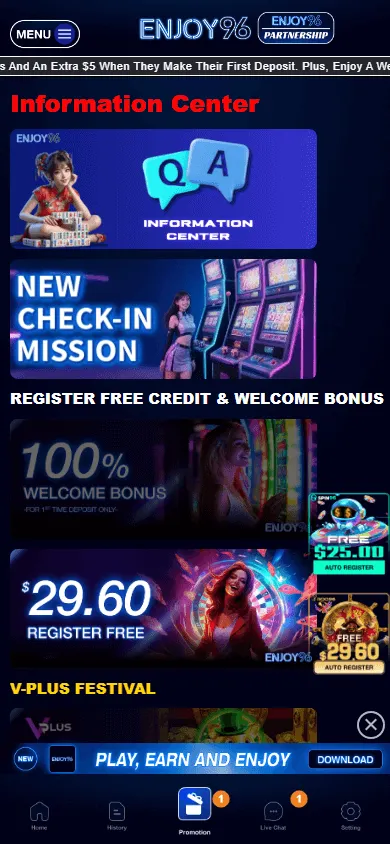 Enjoy96 Casino mobile promotions area with welcome bonus offers