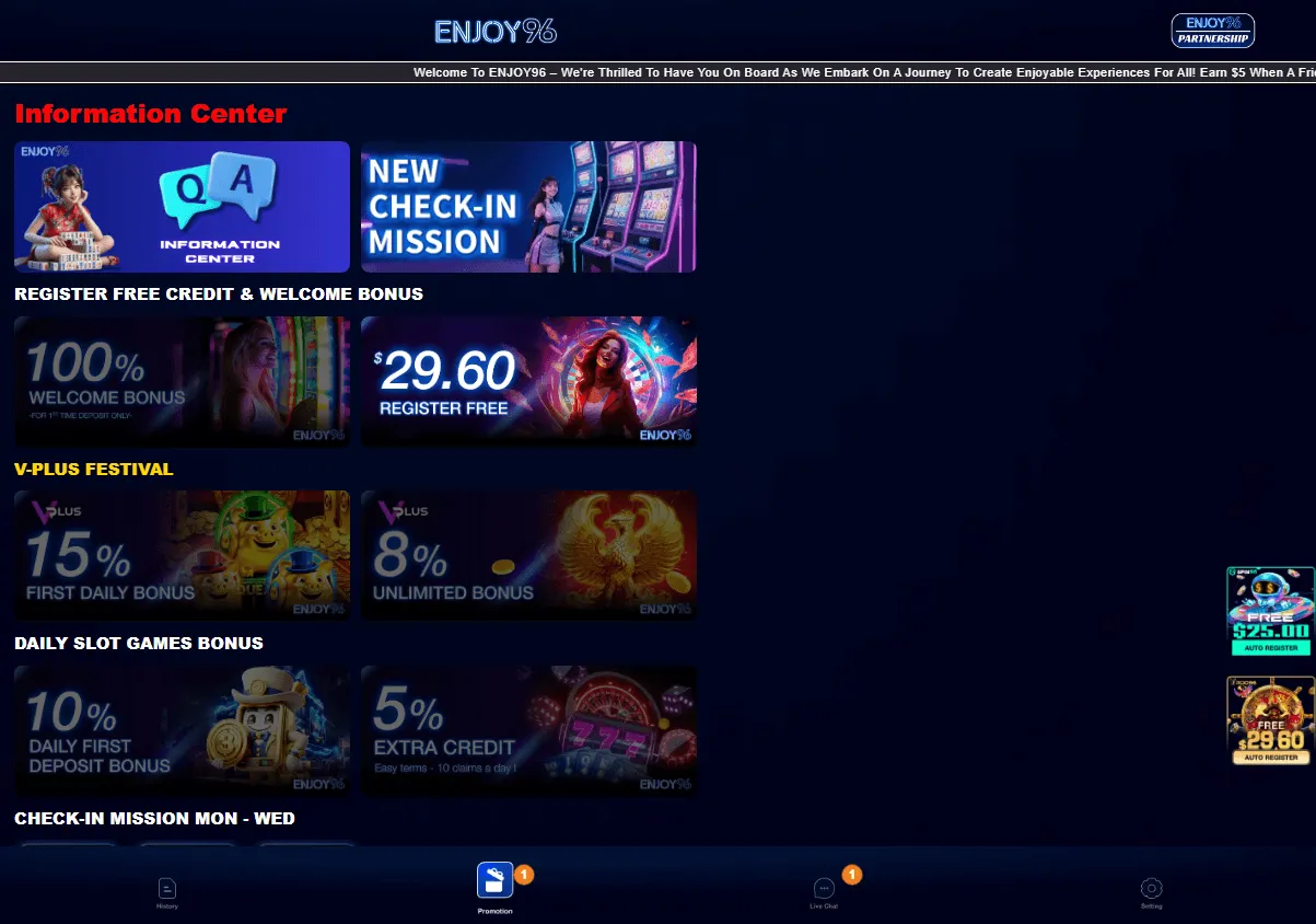 Enjoy96 Casino desktop promotions area with welcome offers