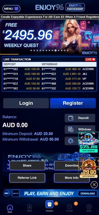 Enjoy96 Casino games catalogue displayed on a mobile browser